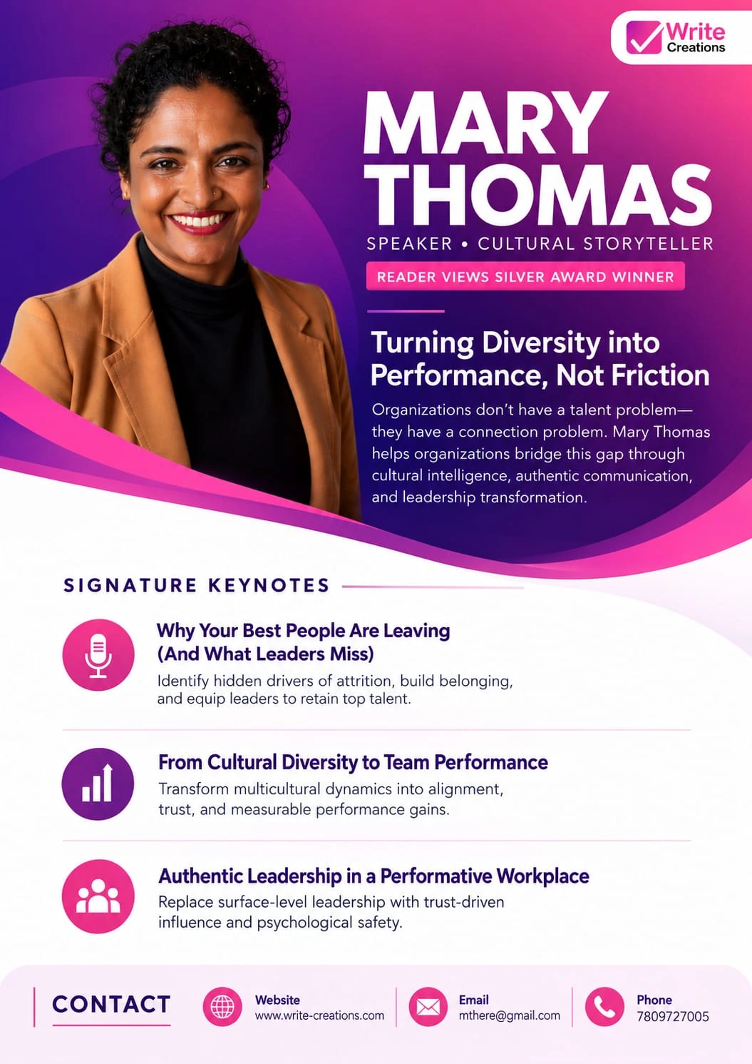 Mary Thomas speaker one-sheet: signature keynotes and contact details